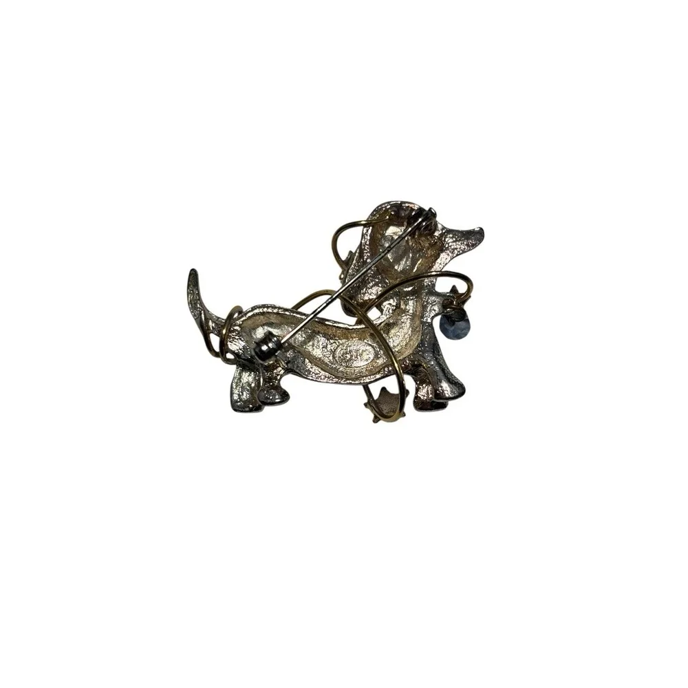 Vintage Signed Silver Tone Dachshund Dog Gold Tone Star Heart Wrap Brooch Pin